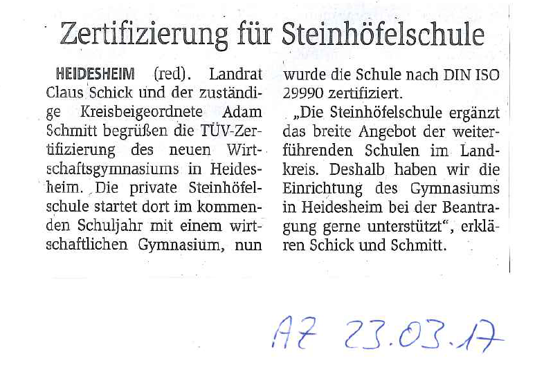 Steinhofelschule Neues Wirtschaftsgymnasium Der Steinhofelschule Durch Den Tuv Zertifiziert Steinhofelschule